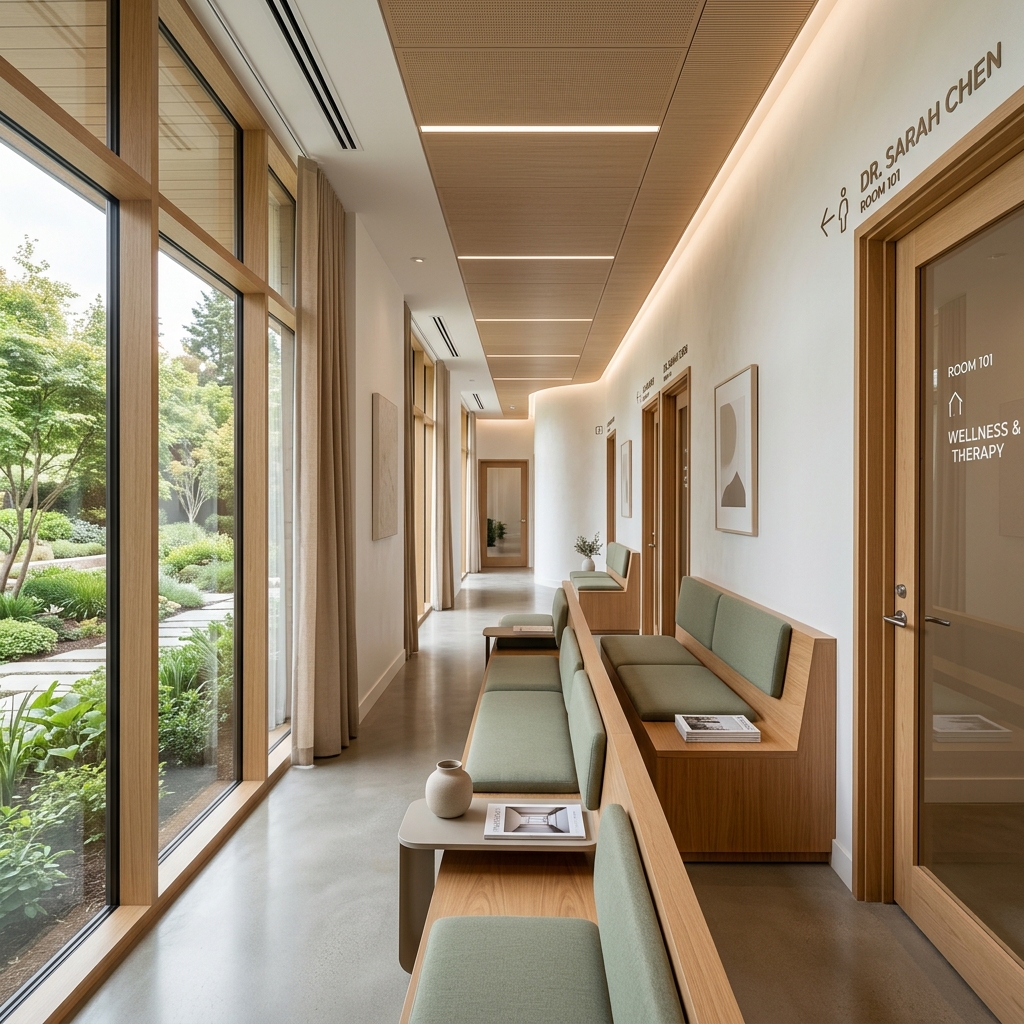 Modern Meridian Health clinic interior with warm natural lighting, sage green furnishings and wooden accents